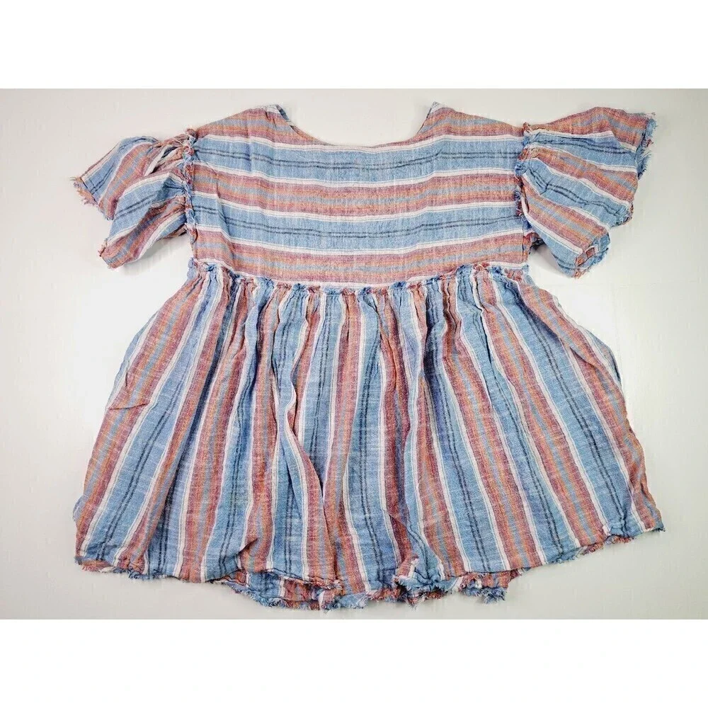 Free People Summer Nights Blue Lagoon Striped Mini Babydoll Dress Size XS
